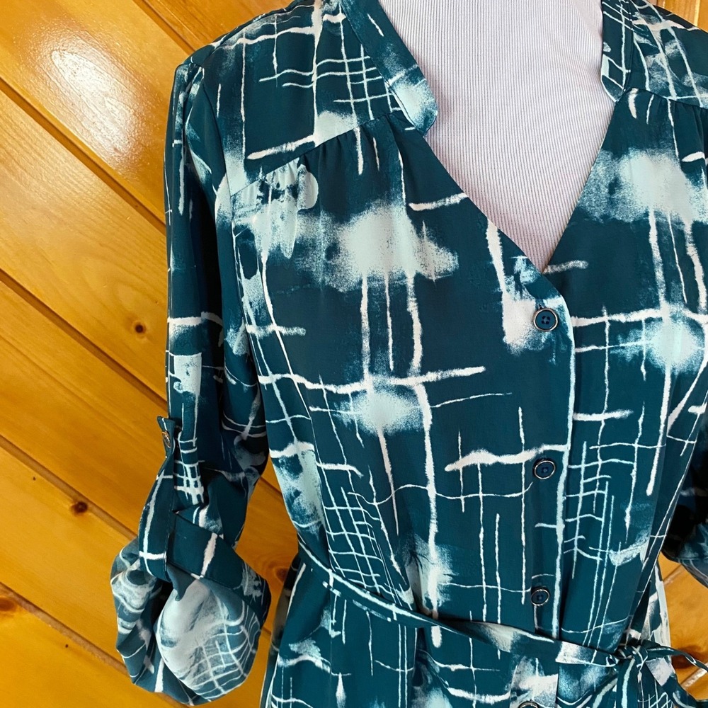 GOLDRAY Teal White Abstract Grid Print Button Front Belted Shirt Dress Size S